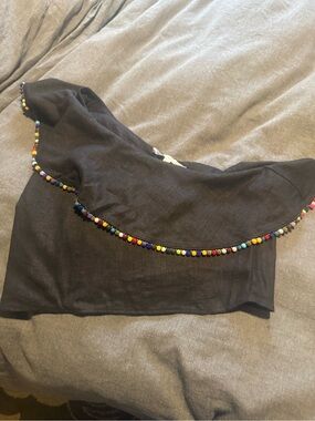 BCBGeneration Black One Shoulder Pom Pom Trim Linen Blend Crop Top, Size 6 - NWT
